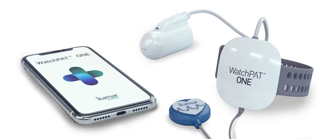 WatchPAT ONE home sleep test device with smartphone app, chest sensor, and wrist unit